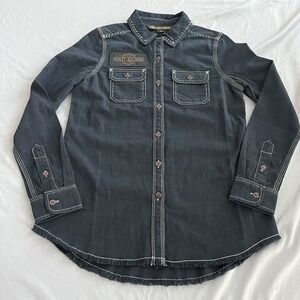 Vintage Harley Davidson Shirt Women XS Black Denim Studded Raw Hem Long Sleeve